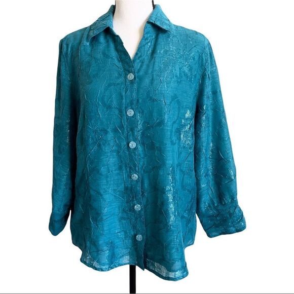 Coldwater Creek Teal Textured Blouse/Tunic - Petite Large - Picture 1 of 8